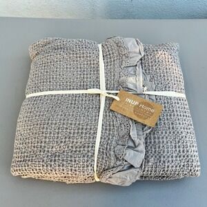 INUP‎ Home King Coverlet 110x96 Grey Waffle Knit Cotton Ruffled Lace Portugal